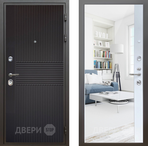 Входная металлическая Дверь Шелтер (SHELTER) Комфорт Черная шагрень 14 с зеркалом Белый матовый в Жуковский