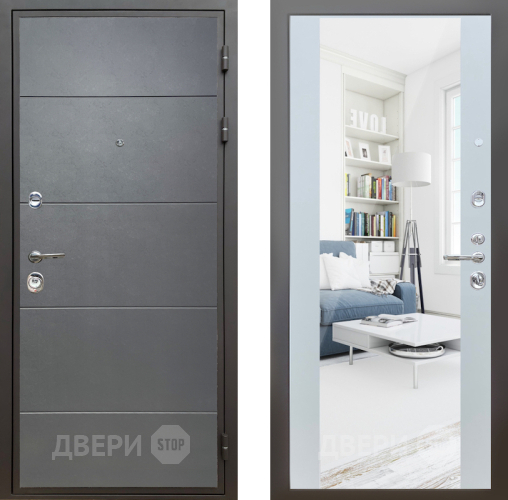Входная металлическая Дверь Шелтер (SHELTER) Комфорт Лофт графит 13 с зеркалом Белый матовый в Жуковский