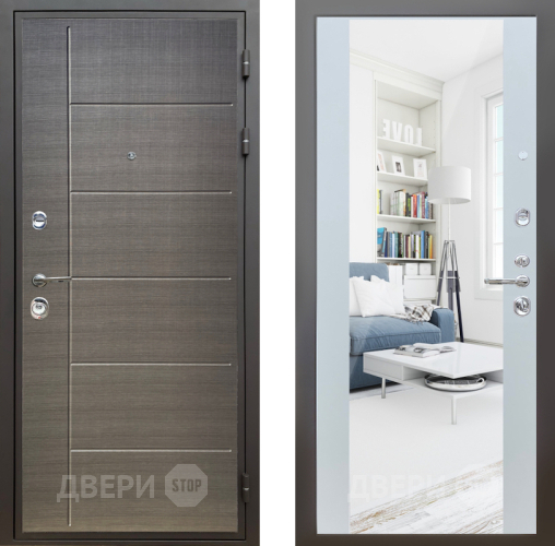 Входная металлическая Дверь Шелтер (SHELTER) Комфорт Лен сильвер 13 с зеркалом Белый матовый в Жуковский