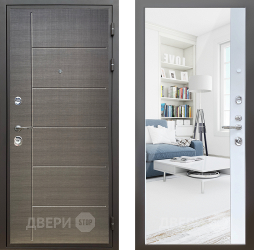 Входная металлическая Дверь Шелтер (SHELTER) Комфорт Лен сильвер 14 с зеркалом Белый матовый в Жуковский