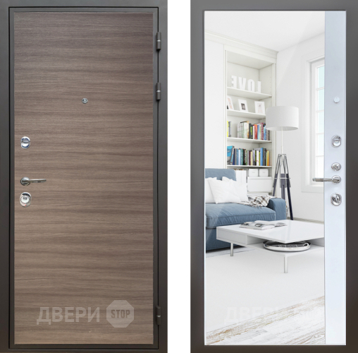 Входная металлическая Дверь Шелтер (SHELTER) Комфорт Дуб тоскано поперечный 14 с зеркалом Белый матовый в Жуковский