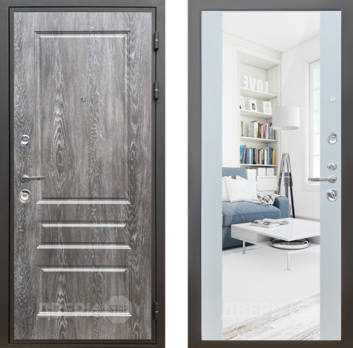 Входная металлическая Дверь Шелтер (SHELTER) Комфорт Дуб шале серебро 13 с зеркалом Белый матовый в Жуковский