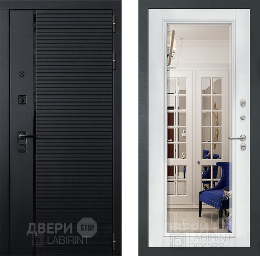 Входная металлическая Дверь Лабиринт (LABIRINT) Piano Зеркало Фацет с багетом Белый софт в Жуковский