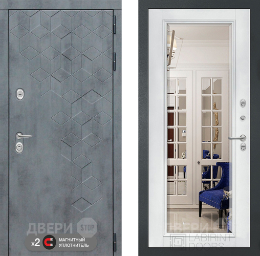 Входная металлическая Дверь Лабиринт (LABIRINT) Бетон Зеркало Фацет с багетом Белый софт в Жуковский