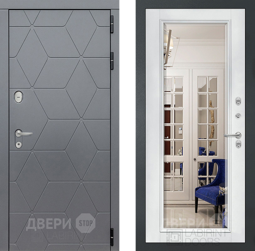 Входная металлическая Дверь Лабиринт (LABIRINT) Cosmo Зеркало Фацет с багетом Белый софт в Жуковский