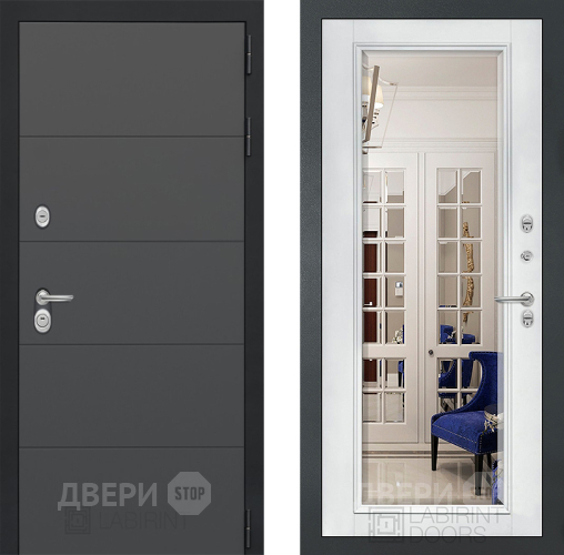 Входная металлическая Дверь Лабиринт (LABIRINT) Art Зеркало Фацет с багетом Белый софт в Жуковский