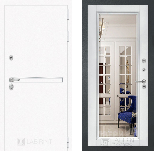 Входная металлическая Дверь Лабиринт (LABIRINT) Лайн White Зеркало Фацет с багетом Белый софт в Жуковский