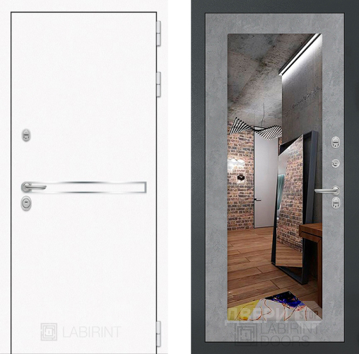 Входная металлическая Дверь Лабиринт (LABIRINT) Лайн White Зеркало 18 Бетон светлый в Жуковский