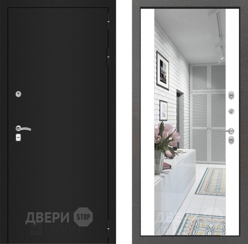 Дверь Лабиринт (LABIRINT) Classic шагрень черная Зеркало Максимум Белый софт в Жуковский
