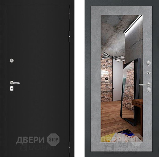 Входная металлическая Дверь Лабиринт (LABIRINT) Classic шагрень черная Зеркало 18 Бетон светлый в Жуковский
