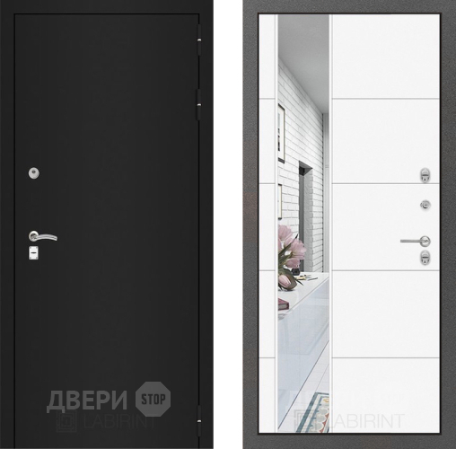 Входная металлическая Дверь Лабиринт (LABIRINT) Classic шагрень черная Зеркало 19 Белый софт в Жуковский