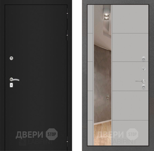 Входная металлическая Дверь Лабиринт (LABIRINT) Classic шагрень черная Зеркало 19 Грей софт в Жуковский