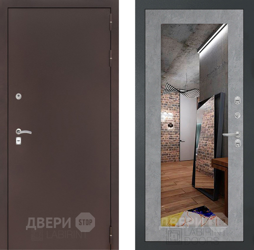 Входная металлическая Дверь Лабиринт (LABIRINT) Classic антик медь Зеркало 18 Бетон светлый в Жуковский