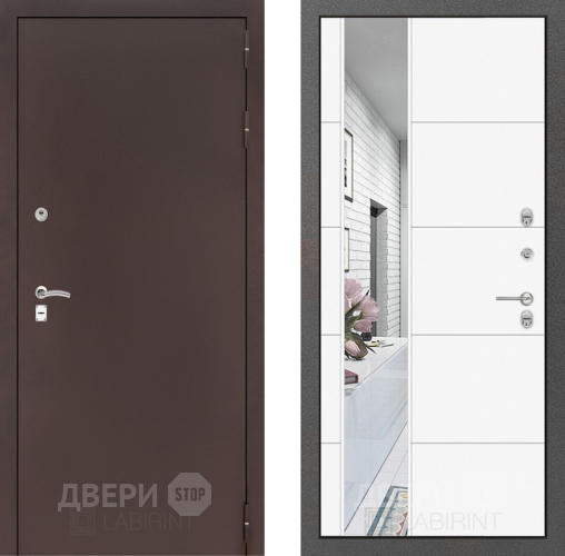 Входная металлическая Дверь Лабиринт (LABIRINT) Classic антик медь Зеркало 19 Белый софт в Жуковский