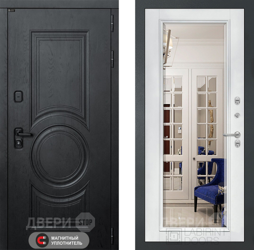 Входная металлическая Дверь Лабиринт (LABIRINT) Гранд Зеркало Фацет с багетом Белый софт в Жуковский