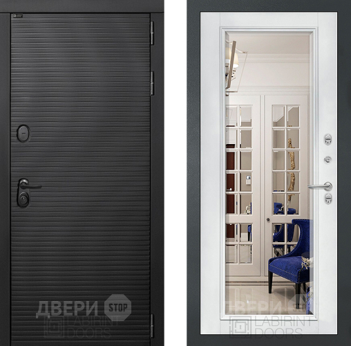 Входная металлическая Дверь Лабиринт (LABIRINT) Вулкано Зеркало Фацет с багетом Белый софт в Жуковский