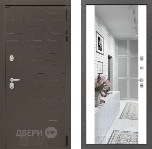 Входная металлическая Дверь Лабиринт (LABIRINT) Смоки Зеркало Максимум Белый софт в Жуковский