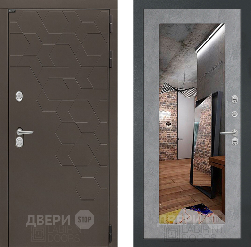 Входная металлическая Дверь Лабиринт (LABIRINT) Смоки Зеркало 18 Бетон светлый в Жуковский