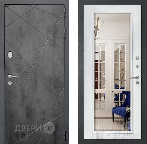 Входная металлическая Дверь Лабиринт (LABIRINT) Лофт Зеркало Фацет с багетом Белый софт в Жуковский