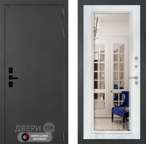 Входная металлическая Дверь Лабиринт (LABIRINT) Acustic Зеркало Фацет с багетом Белый софт в Жуковский