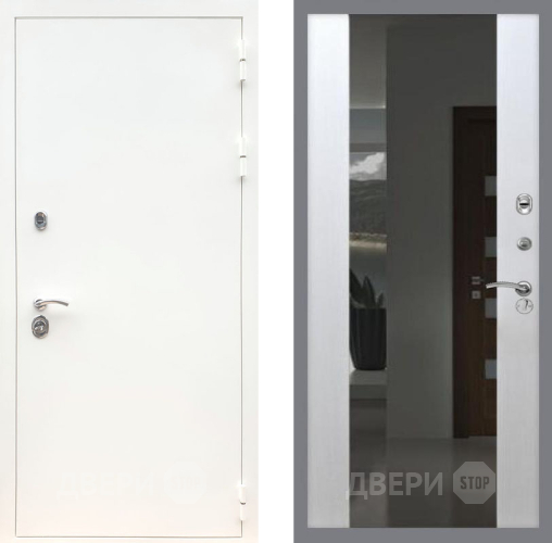 Входная металлическая Дверь Рекс (REX) 5 Белая Шагрень СБ-16 Зеркало Белый ясень в Жуковский
